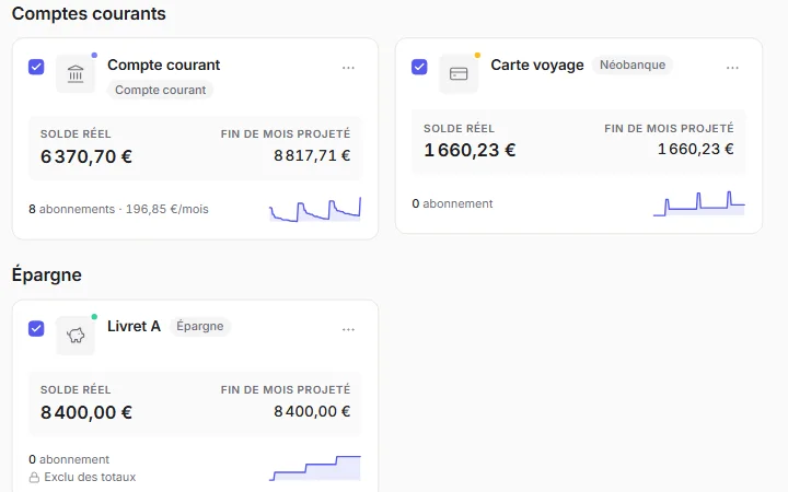 La liste des comptes : un compte courant, un livret et une carte, chacun avec son solde.